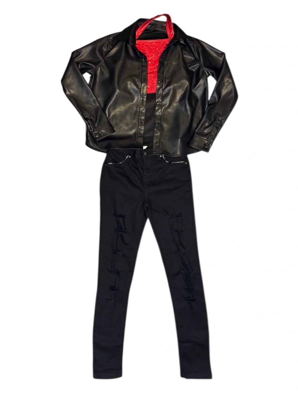Balera 3Pc Hip Hop Dance Costume Faux Leather Jacket Sequin Top Jeans MC